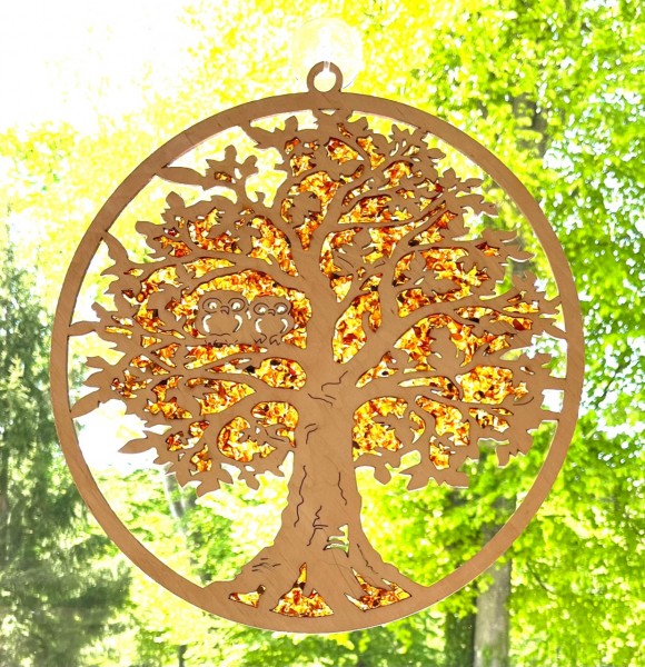 Fensterbild Naturbernstein - Baum mit Eulen