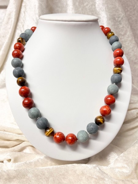 Edelserpentinkette mit Schaumkoralle und Tigerauge